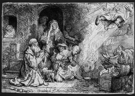 Rembrandt L'angelo-abbandona-la-famiglia-di-Tobia-Acquaforte-a-puntasecca-mm-103x154-1641