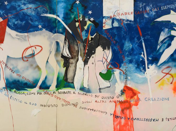 Mario Schifano, Interno di casa romana, 1968 (dettaglio) | Smalto, spray, grafite e pastello su tela, polittico (misure complessive delle tre pareti: cm 303x720, 303x539, 303x720. Collezione privata. Foto di Giorgio Benni © MARIO SCHIFANO, by SIAE 2026 © Archivio Mario Schifano