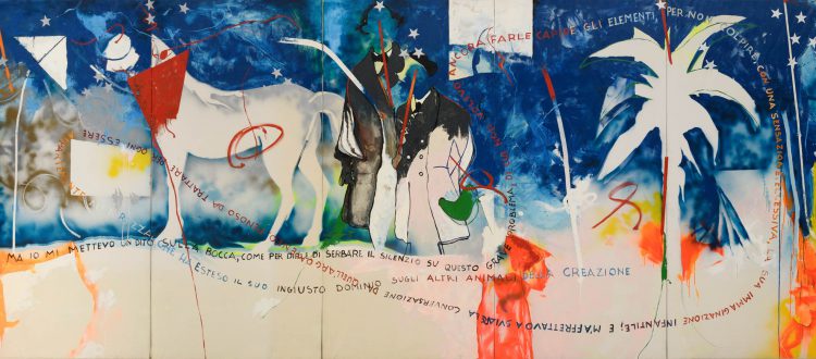 Mario Schifano, Interno di casa romana, 1968 (dettaglio) | Smalto, spray, grafite e pastello su tela, polittico (misure complessive delle tre pareti: cm 303x720, 303x539, 303x720. Collezione privata. Foto di Giorgio Benni © MARIO SCHIFANO, by SIAE 2026 © Archivio Mario Schifano