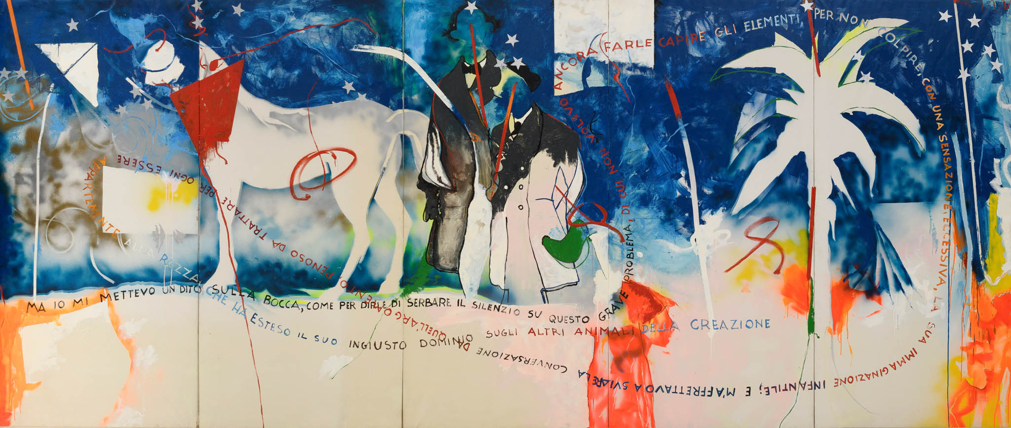 Mario Schifano, Interno di casa romana, 1968 (dettaglio) | Smalto, spray, grafite e pastello su tela, polittico (misure complessive delle tre pareti: cm 303x720, 303x539, 303x720. Collezione privata. Foto di Giorgio Benni © MARIO SCHIFANO, by SIAE 2026 © Archivio Mario Schifano